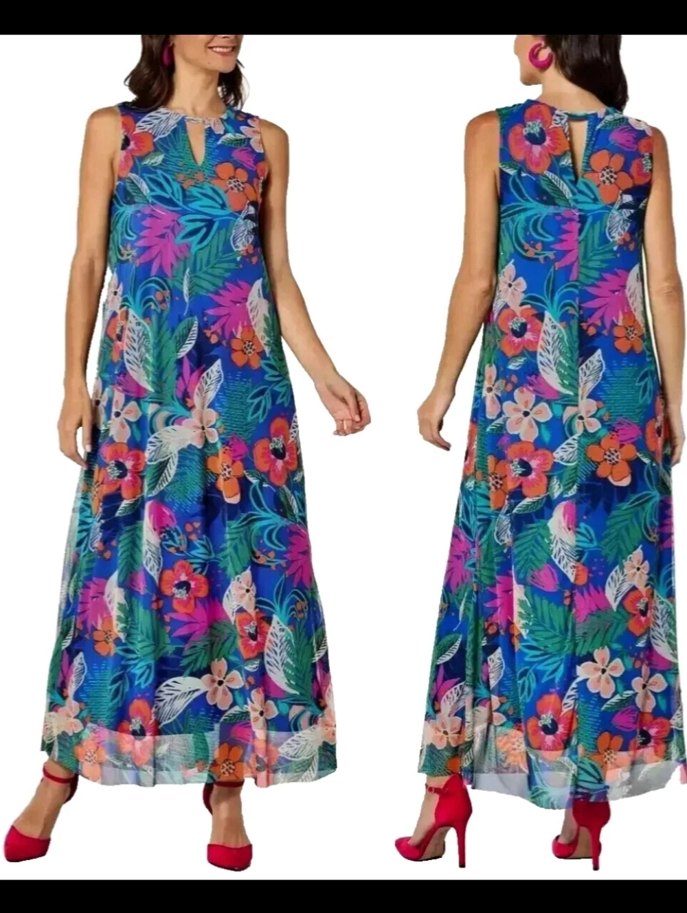 ANTHONY ORIGINALS Floral‎ Maxi Dress M Blue Floral Sleeveless Cruise Tropical